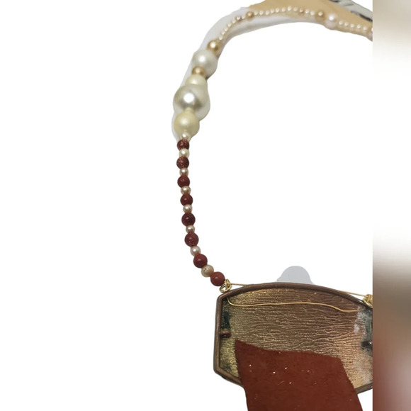 14K Gold Plated Faux Pearl Gradulate Orange Leather Fringe Mexico Stamp Necklace - Picture 2 of 4